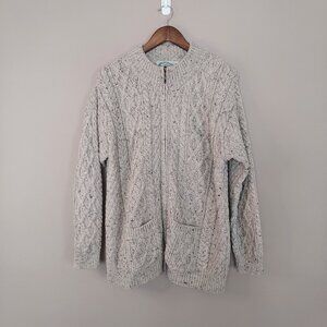 Aran Crafts Men’s Cable Knit Ireland Wool Zip-Up Tan Cardigan Size Large
